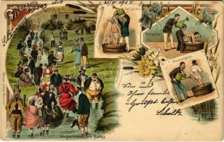 1904 Gruss aus... Wassertreten im Bache. Vollguss, Oberguss, Schenkelguss / Spa humour. Ottmar Zieher Art Nouveau, floral, litho