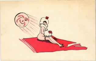 Erotic nude lady art postcard with the Moon