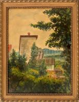 Farkasházy Miklós (1895-1964): Hegyvidéki táj (Buda környéke). Akvarell, papír, jelezve jobbra lent. Üvegezett fakeretben, 42×30,5 cm / Watercolour on paper, signed lower right, framed with glass.