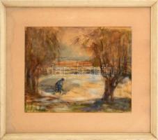 Szilvásy Margit (1898-1977): Ember a tájban. Akvarell, papír, jelezve balra lent, üvegezett fakeretben, 29×38 cm