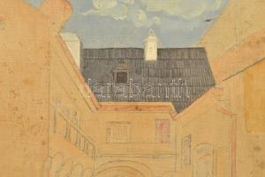 Olvashatatlan (Szantrucsek?) jelzéssel: Udvar (Budai vár?). Olaj, ceruza, vászon. Kissé sérült (apró...