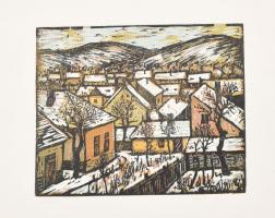 Réti Mátyás (1922-2002): Házak. Színes linómetszet, papír, jelzett, lapszéli apró foltokkal, 23×28 cm