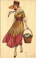 1922 Húsvéti üdvözlet / Easter greeting art postcard, lady with eggs. 944-5. s: Bompard