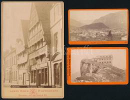 cca 1880 Ausztriai tájképek (Ebensee, Traukirchen, Schafberg, Altaussee, stb.), + Osnabrück, Németország, 6 db keményhátú fotó, 10,5×6 és 16,5×10,5 cm