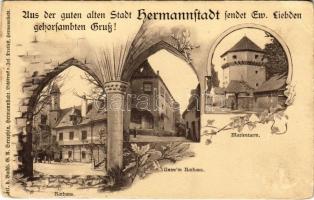 1909 Nagyszeben, Hermannstadt, Sibiu; Rathaus, Unter'm Rathaus, Marienturm / Városháza, Mária-torony / town hall, tower. Art Nouveau, floral (EB)