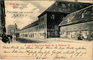 1900 Wien, Vienna, Bécs; K.u.K. Garnisons-Spital Nr. 2. Rennweg 89. / Austro-Hungarian K.u.K. military garrison hospital, street view, tram (EK)
