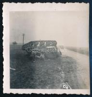 cca 1940 Felborult magyar Toldi harckocsi az út szélén, fotó, 5,5x6 cm / Hungarian Toldi tank turned on its side, photo