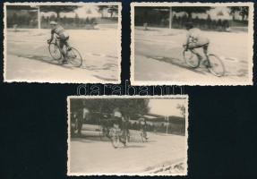 cca 1930-1940 Sportfotók (versenykerékpár, teniszezők), 6 db fotó, 6×8 cm