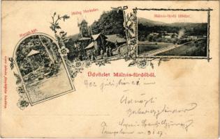 1902 Málnásfürdő, Malnas Bai; Margit kút, Hideg Herkules, Málnás-fürdő látképe. Gere István fényképész kiadása / well, spring source, spa, general view. Art Nouveau, floral (EB)