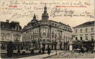 1913 Kolozsvár, Cluj; Mátyás király tér, New York palota, Schefer András, Tauffer Dezső, Schuster Emil üzlete / square, palace, shops (fa)