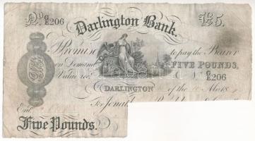 Nagy-Britannia / Darlington Bank DN (1866-1895) 5P GE 206 hátoldalán bélyegzések, aláírások kivágva, így érvénytelenítve T:III,III- kis szakadás, folt Great Britain / Darlington Bank ND (1866-1895) 5 Pounds GE 206 with overprints on the back, cut-out signatures, cancelled banknote C:F,VG, small tear, spot