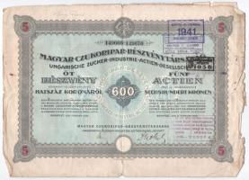 Budapest 1923. Magyar Czukoripar Részvénytársaság 5 részvénye egyenként 600K-ról, szelvényekkel, szárazpecséttel és bélyegzésekkel T:III,III- szakadások