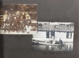 1919-1937 Orsován, Wien-Badenben, Vaskapunál és egyéb helyeken készült csoportképek (Bajor Lloyd Hajózási Rt.) látképek, feliratozva, vegyes méretben, albumba ragasztva
