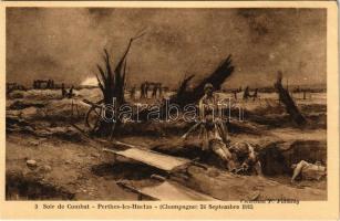 Soir de Combat. Perthes-les-Hurlus (Champagne) 24 Septembre 1915 / Sérültek keresése az éjszakai harc után / WWI French military art postcard, injured soldiers s: F. Flameng