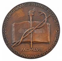 Reményi József (1887-1977) (?) 1958. IN MEMORIAM STEPHANI WESZPRÉMI - SOCIETAS MEDICO PHARMACEUTICO HISTORICA / PRO MERITIS IN SCRUTANDA HISTORIA MEDICA kétoldalas bronz emlékérem tokban (82mm) T:1- kis patina, viseltes tok
