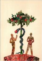 Ádám és Éva a kígyóval. Bélyegekből kivágott és összeragasztott képeslap / Adam and Eve with the serpent. Made out of stamps (non PC)