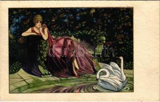 1927 Léda és a hattyú / Lady art postcard. Majestic CCM 2494. + SÁTORALJAÚJHELY - BUDAPEST 34 B vasúti mozgóposta bélyegző