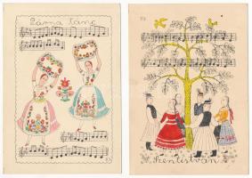 Magyar táncok: Szentistváni tánc, Párnatánc. Pekáry István szignóval - 2 db magyar művészlap / 2 Hungarian folklore art postcards