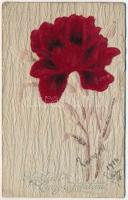 1910 Bársonyvirág dombornyomott / Heartiest Congratulations. Silk greeting card with flower (EB)