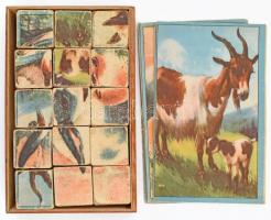 Régi francia állatos kirakójáték, 15 db fa kocka, hat kirakható képpel, eredeti fa dobozában, kopott, kissé sérült, 23x15x5,5 cm