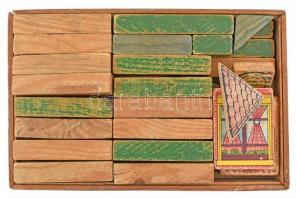 Régi francia fa építőjáték (Architecture Moderne), sok elemmel, kopott, sérült, hiányos fa dobozban, 28x18x5 cm