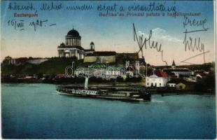 1920 Esztergom, Bazilika és Prímási palota a hajóállomással, "BUDAPEST" gőzhajó