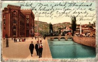 1900 Sarajevo, Quai-Partie / street view, bridge, town hall + K.u.k. Milit. Post + Zágráb-Zagreb kétnyelvű bélyegzés
