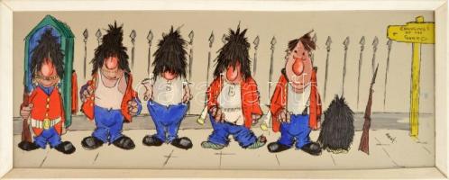 Crox jelzéssel: Changing of the Guard (őrségváltás), karikatúra. Vegyes technika, farost, fa keretben, 22x60 cm