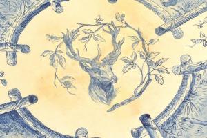 Zsolnay vadászos, nagy méretű mosdótál, 1900 körül, öblében szarvas, medve és muflon motívumokkal, p...