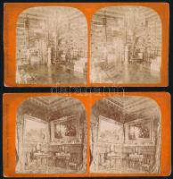 cca 1890 Trieszt (Trieste), Miramare-kastély, belső termek, 2 db keményhátú sztereófotó, az egyiken középen törés, 17x8,5 cm / Miramare Castle, room interiors, 2 stereo photos, one slightly damaged