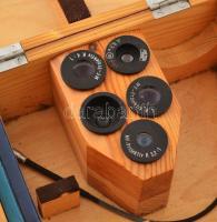 Zeiss mikroszkóp feltét 5 db klf lencsével, komplett készlet, fa dobozban