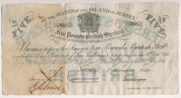 Jersey 1840. 5P 301 vízjeles papíron, áthúzással érvénytelenítve T:III- folt, anyaghiány, ly. Jersey 1840. 5 Pounds 301 on watermarked paper, invalidated by pen strike C:VG spot, material error, hole Krause P#A1