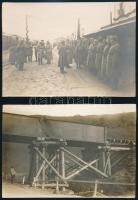 2 db I. világháborús fotó: vasútállomás, ideiglenes híd. 17x12 cm