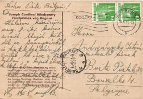 1951 Fenyvessy Jeromos Károly író, könyvkiadó saját németországi kiadású Mindszenty képeslapja kézírásával és eredeti aláírásával, Andreánszky István belgiumi magyar újságírónak küldve