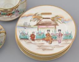 Japán teás- és süteményes készlet, jelenetekkel díszítve, a csészék alján domborműves gésa fejekkel ...