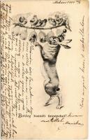 1904 Boldog húsvéti ünnepeket / Easter greeting art postcard, rabbit with birds (EK)