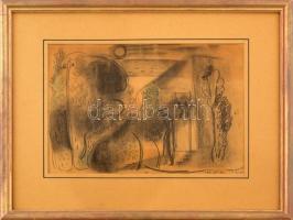Bene Géza (1900-1960): Egyedül, 1944. Ceruza, papír, jelezve jobbra lent. Paszpartuban, üvegezett fa keretben, 19x26,5 cm / pencil on paper, signed lower right, framed