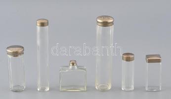 Pipere üvegek: hintőpor szóró, parfümös, stb., összesen 6 db, fém kupakkal, az egyikben csorbával, m: 6,5 - 16 cm