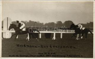 1928 Wien, Vienna, Bécs; Woodmann-Hürdenrennen. Stall St. Georgs. Impossible. Oblt. Selmeczy 1. Novillero 2. / lóverseny / horse race. photo