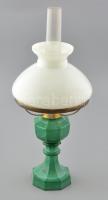 Petróleumlámpa, zöldes színű testtel, tejüveg búrával, modern, m: 48 cm