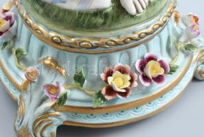 Sevres francia női figura, kézzel festett porcelán, virágokon apró lepattanások, jelzett, m: 37 cm