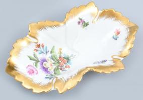 Herendi porcelán virág mintás leveles tálka, kézzel festett, jelzett, hibátlan, 14,5×8 cm
