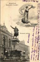 1905 Miskolc, Kossuth szobor. "Röptében Miskolcz körül!" Repülő hölgy montázs. Kiadja Lövy József fia (László Adolf) (EB)