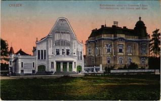 1915 Eszék, Essegg, Osijek; Kolodvorska ulica sa Uraniom i kino. Restauracija i kavana / Vasút utca, Uránia mozi, kávéház és étterem / street view, cinema, restaurant and café (Rb)