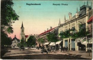 Nagybecskerek, Zrenjanin, Veliki Beckerek; Hunyady Fő utca, üzletek, templom. Popovits Dániel kiadása / street view, shops, church (EK)