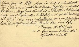 1880 Levelezőlap Vácról Budapestre Karcsú A. Arzén, váci ferencrendi kolostorfőnök aláírásával