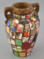 Antik emlék váza, antik porcelán és kerámia elemekkel applikálva, jelzett: VA. Korának megfelelő állapotban, 1900 körül, m: 28,5 cm