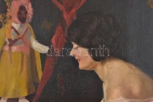 Romek Árpád (1883-1960): Hölgy játékokkal. Olaj, vászon, jelezve jobbra lent. Dublírozott. Dekoratív...