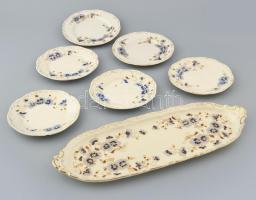 Zsolnay búzavirág szendvicses készlet, 6 személyes, tálca + 6 db tányér. Kézzel festett, jelzett, kopott, mázrepedésekkel, 44x16 cm, d: 16,5 cm
