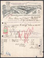 1910 Bp. Kőbánya. Ungarische Metallwaren- u. Lampen-Fabriks-Actien-Gesellschaft fejléces számla, rajta a gyár látképével